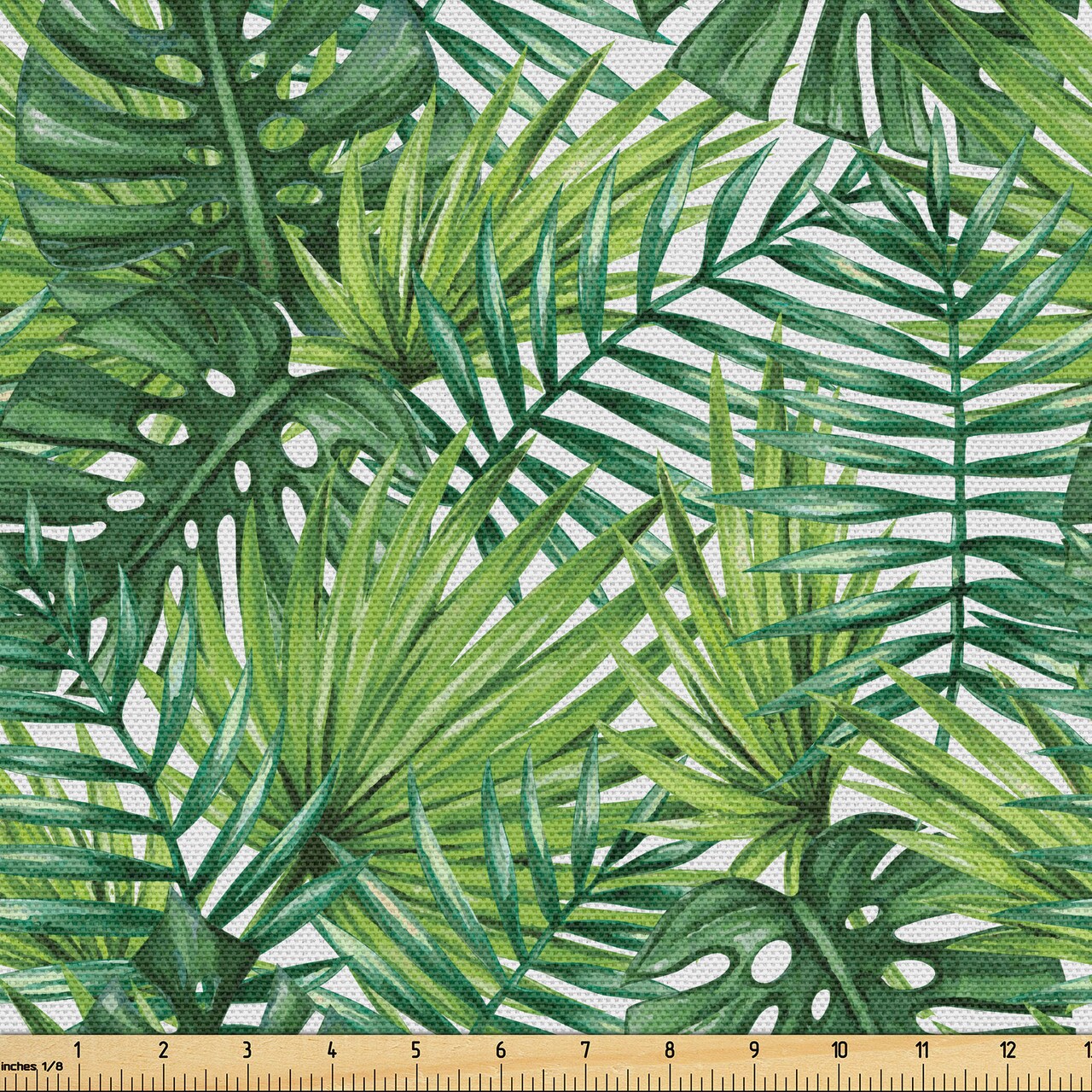 Ambesonne Leaf Fabric by the Yard, Tropical Exotic Banana Forest Palm Tree Leaves Watercolor Design Image, Decorative Fabric for Upholstery and Home Accents, Pale Green Dark Green